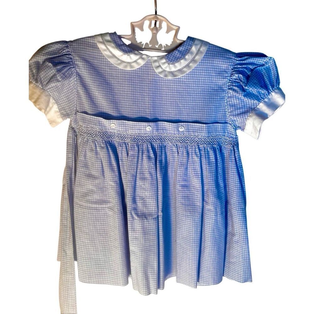 VINTAGE BLUE GINGHAM BABY DRESS SIZE 9-12M Handmade Perfect